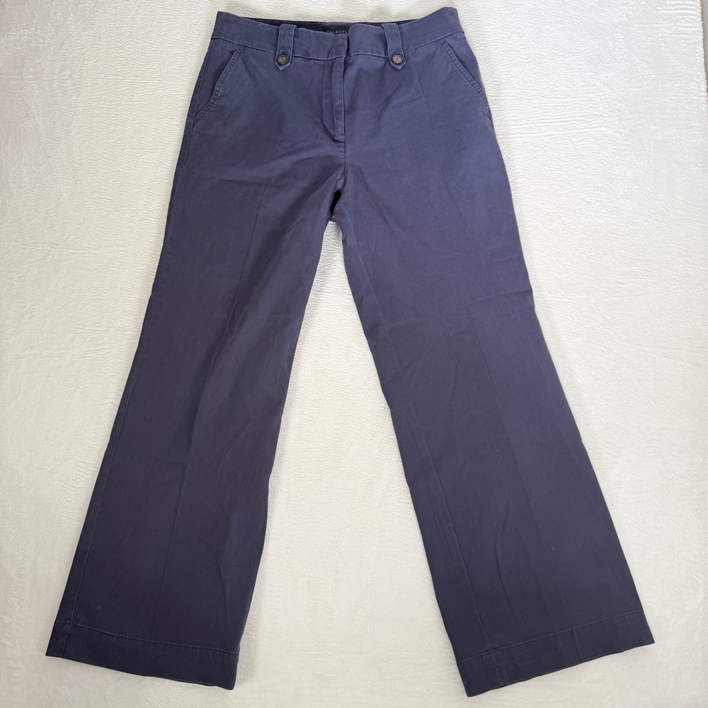 Talbots Navy Blue Button Tab Heritage Wide Leg Trouser Chino Pants Size 12 Women